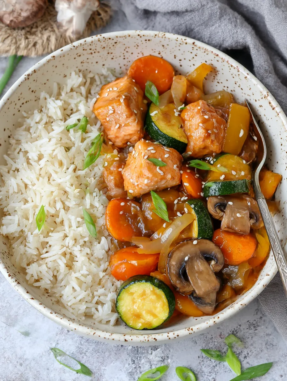 A bowl of rice and meat with vegetables.
