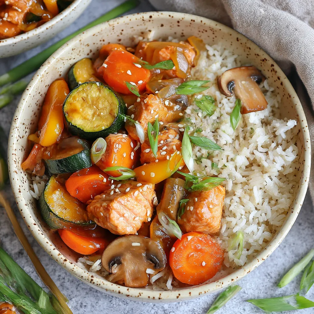A bowl of stir fry with rice, mushrooms, carrots, and zucchini.