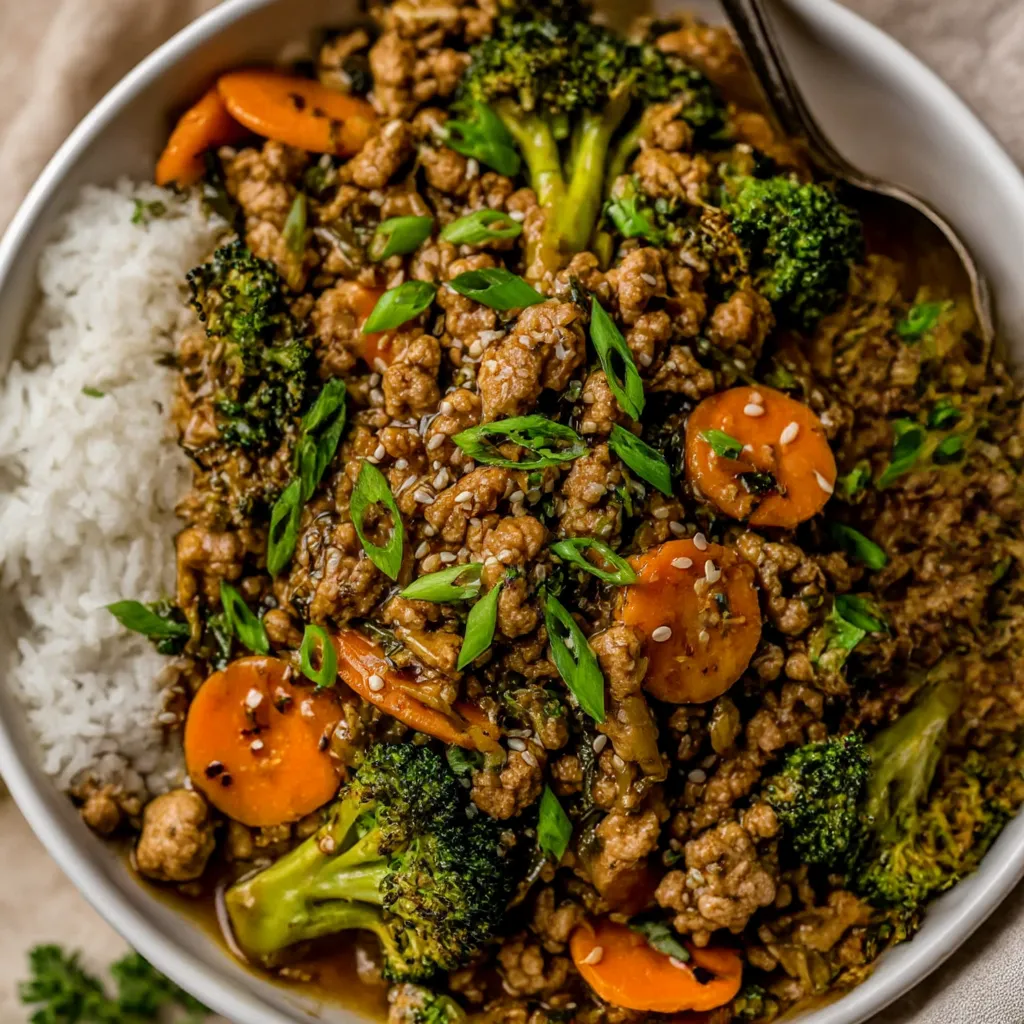 A bowl of ground turkey teriyaki stir fry with broccoli and carrots.