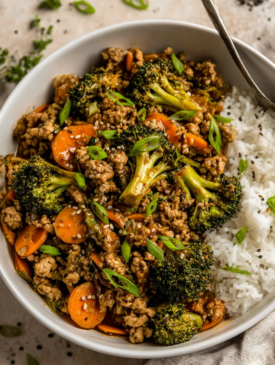 A bowl of ground turkey teriyaki stir fry with broccoli and carrots.