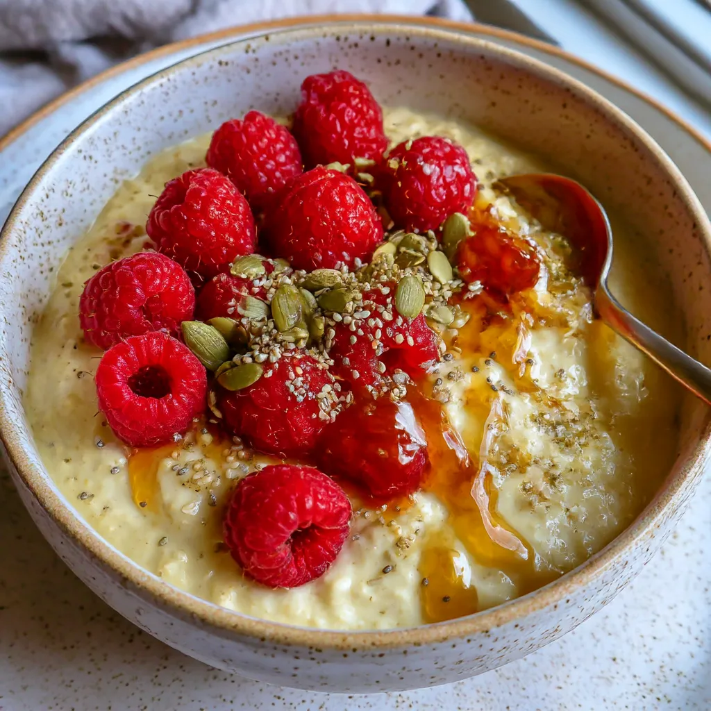 A bowl of oatmeal with raspberries and nuts.