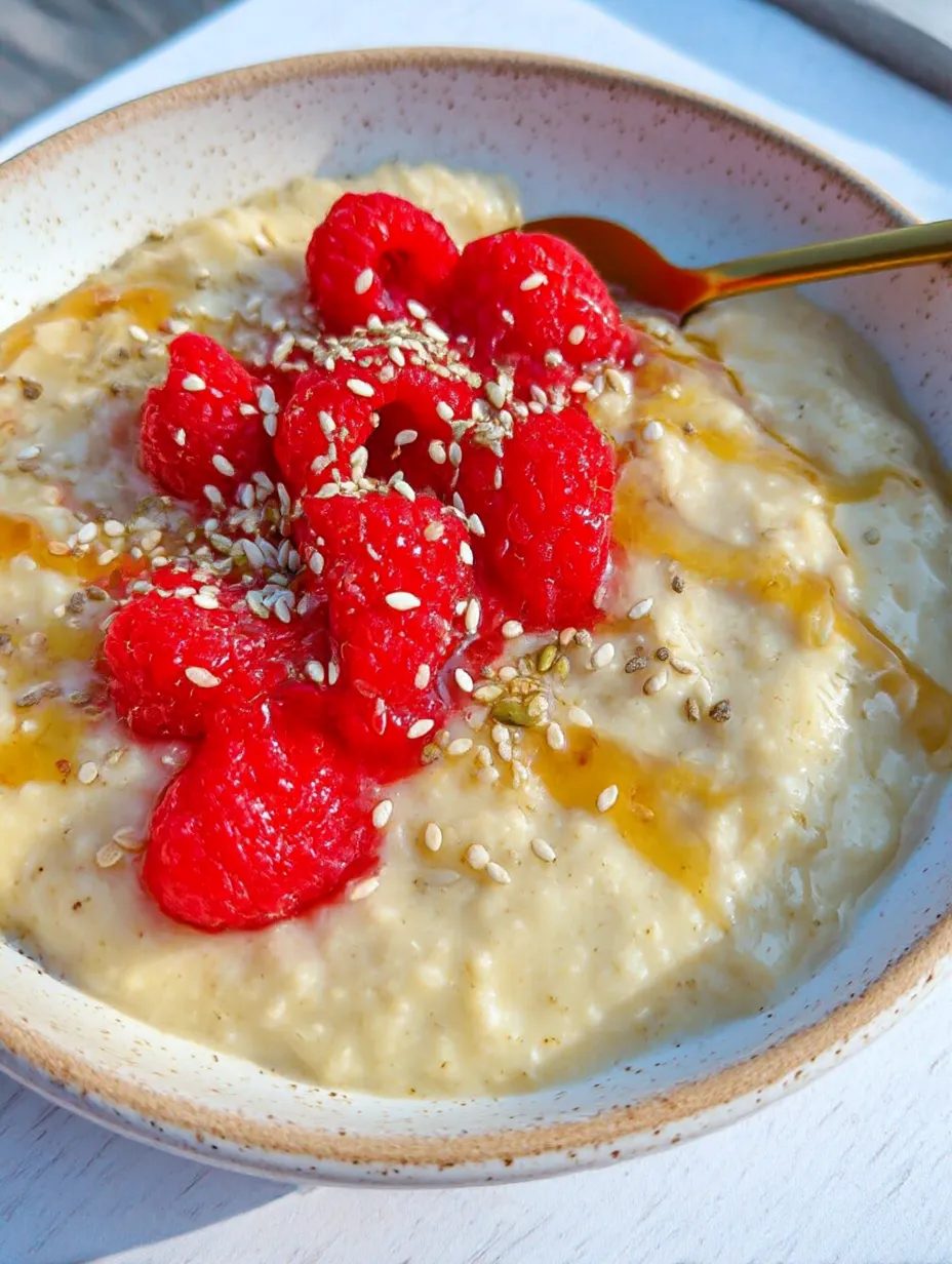A bowl of custard oatmeal with raspberries on top.