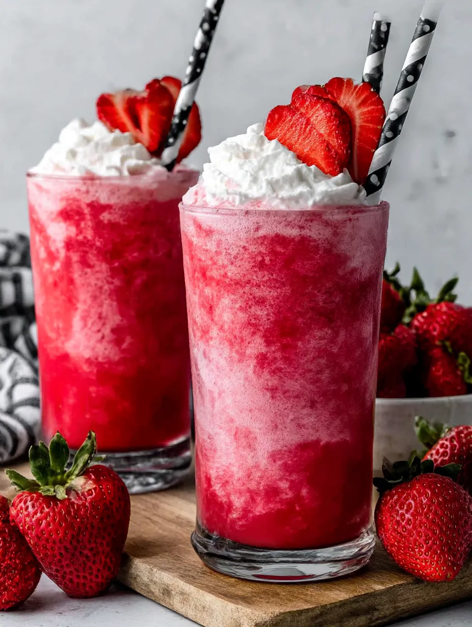 Two glasses of pink drink with strawberries in it.