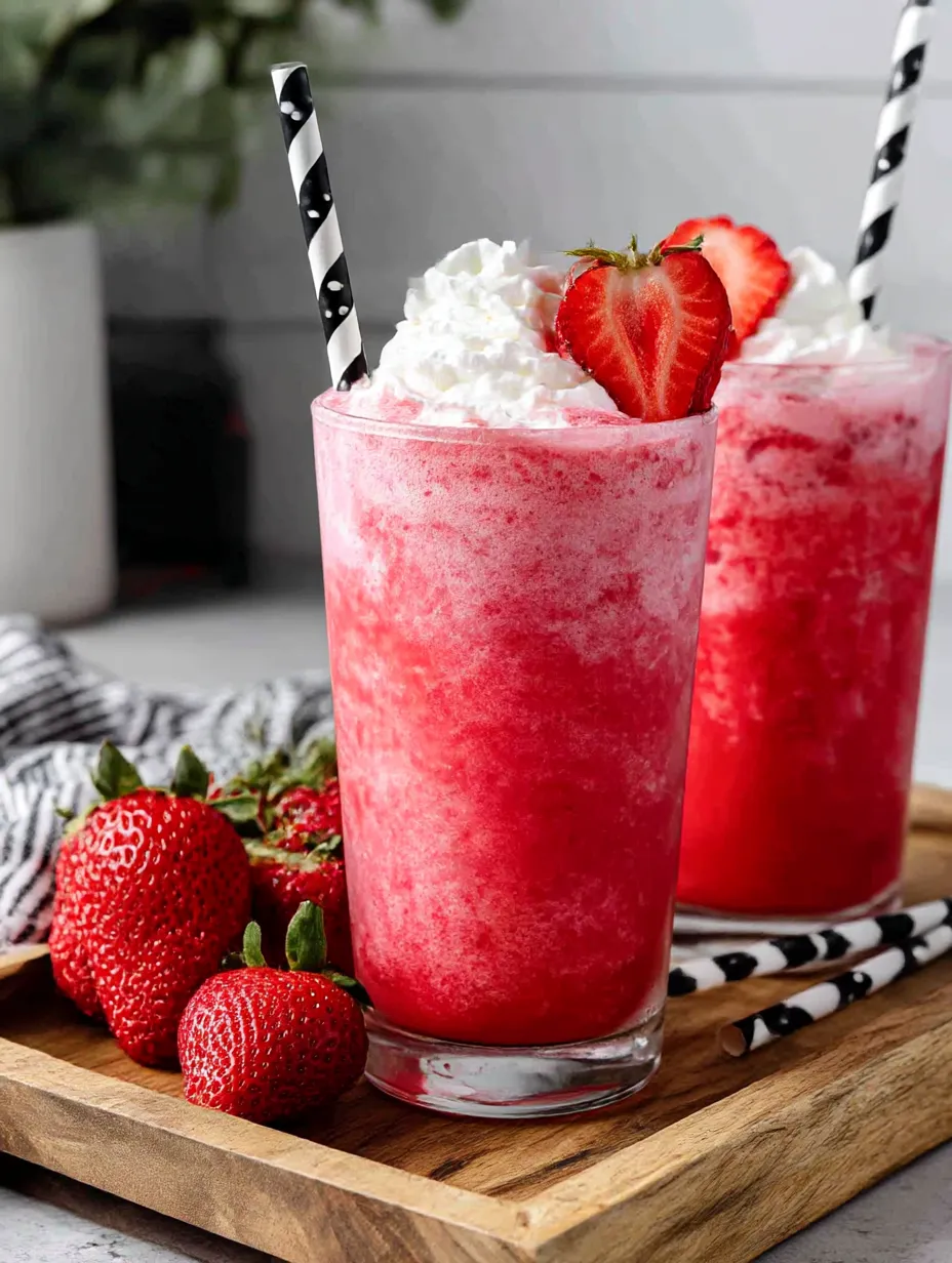 A glass of pink drink with strawberries and whipped cream.