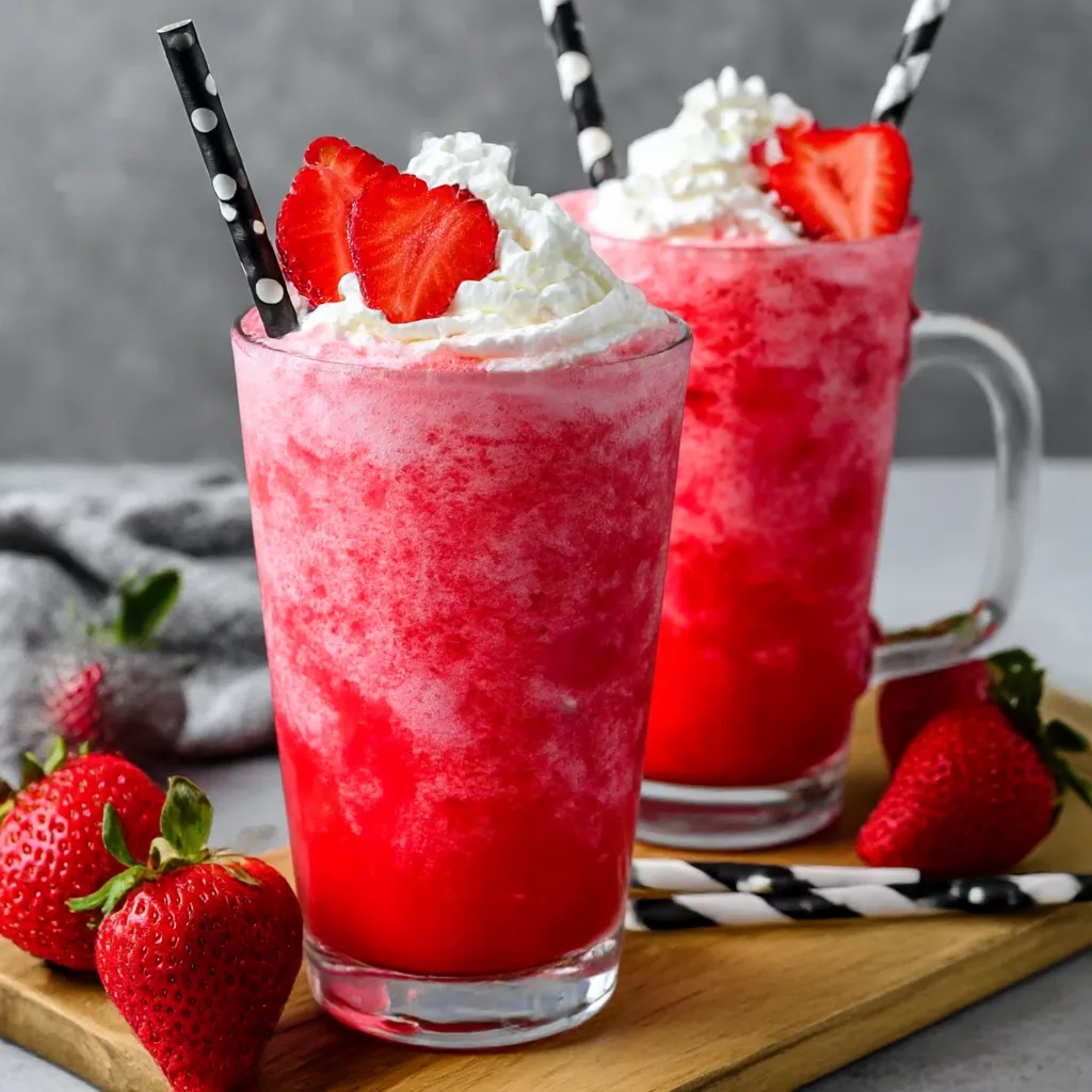 Two glasses of pink drink with strawberries on a table.