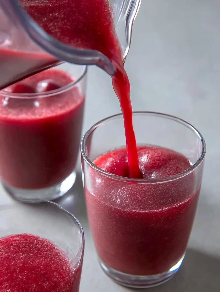 A glass of cherry juice is being poured into another glass.