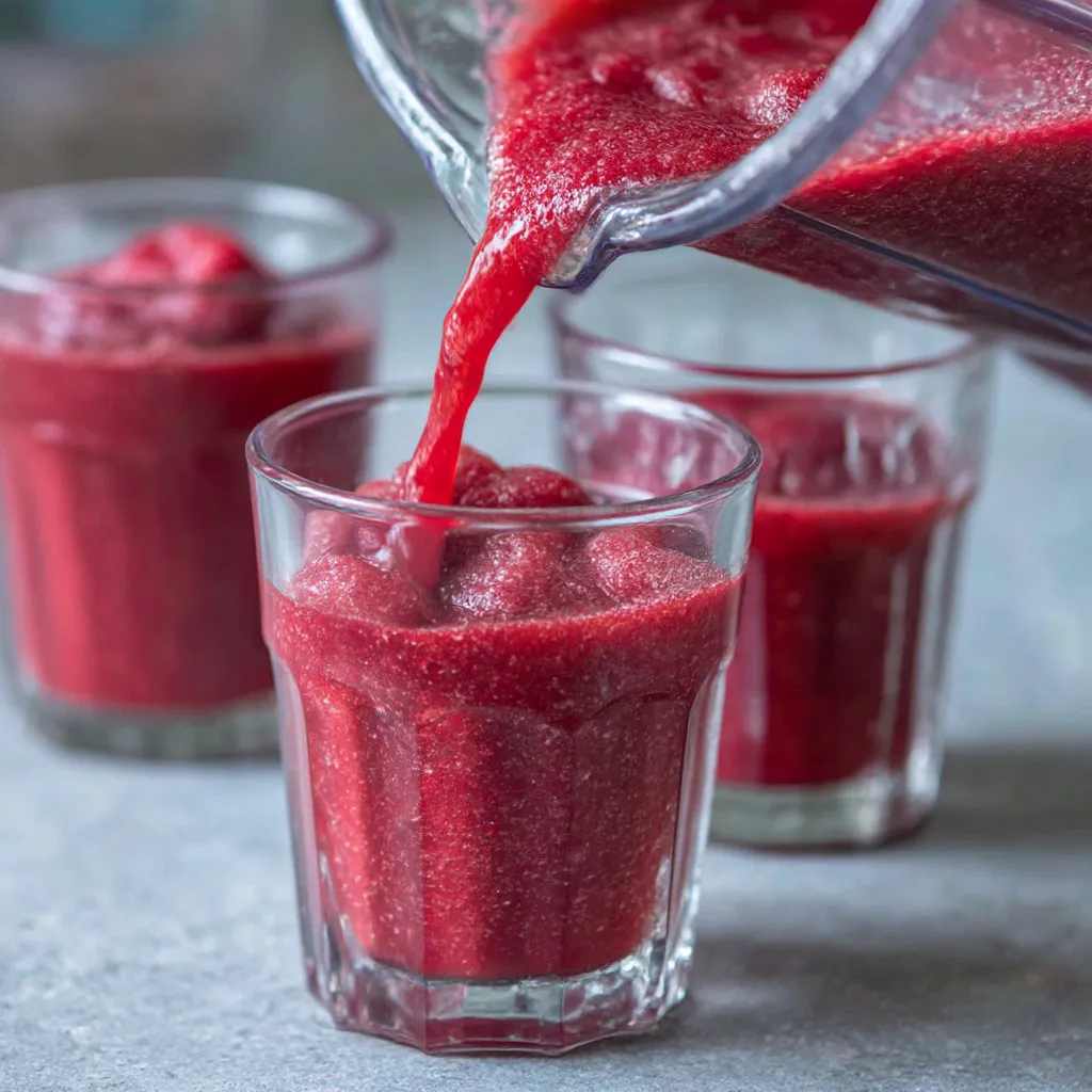 A glass of cherry juice is being poured into a glass.