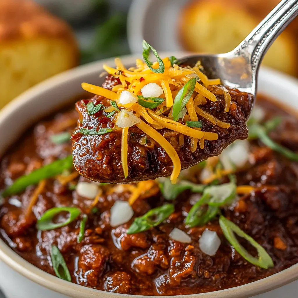 A spoon is being used to eat a bowl of chili.