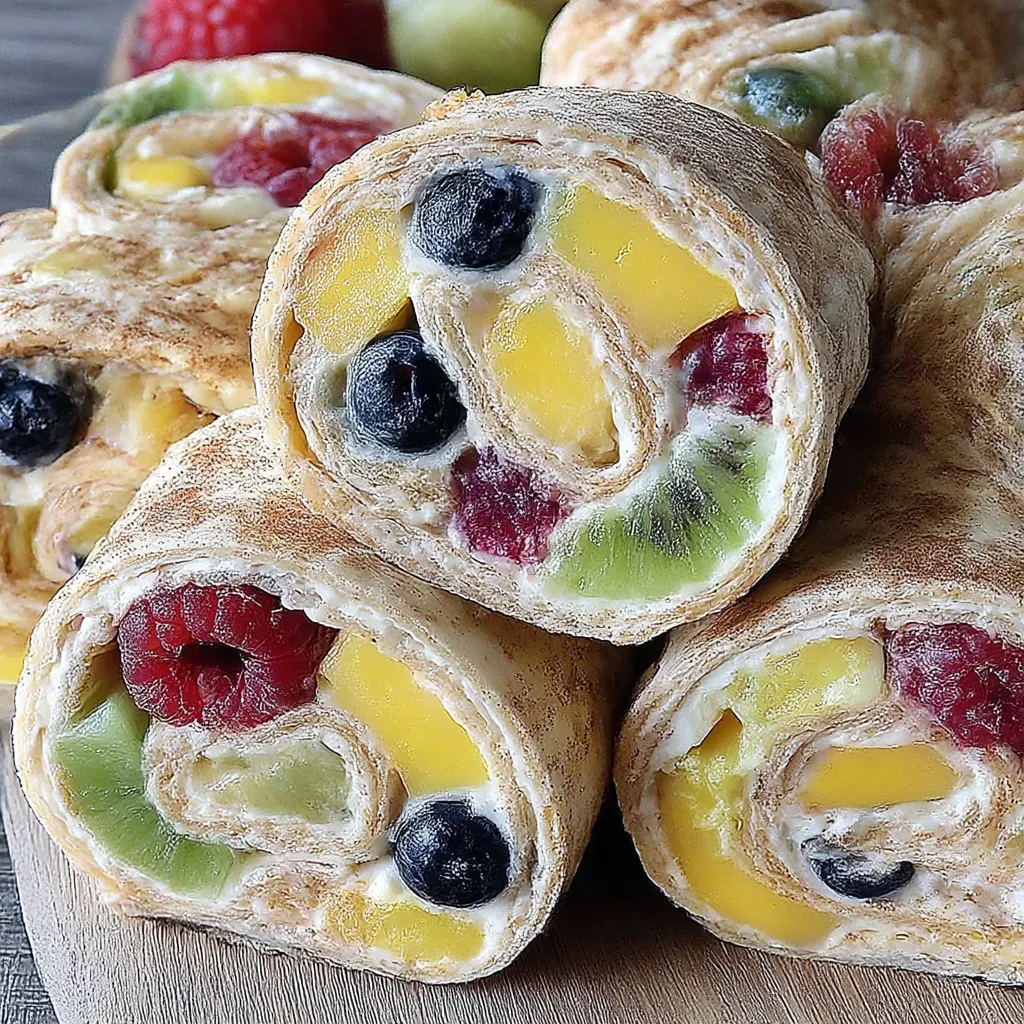 A plate of fruit roll ups with blueberries and raspberries.