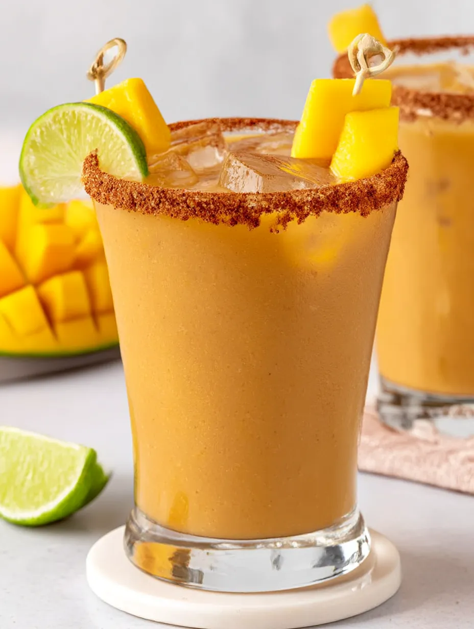 A glass of a hot honey spicy mango margarita.