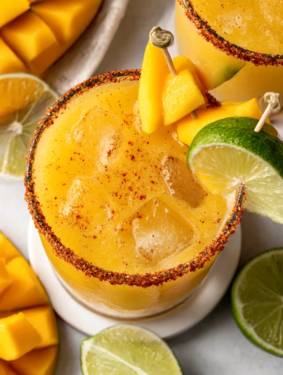 A glass of a hot honey spicy mango margarita.