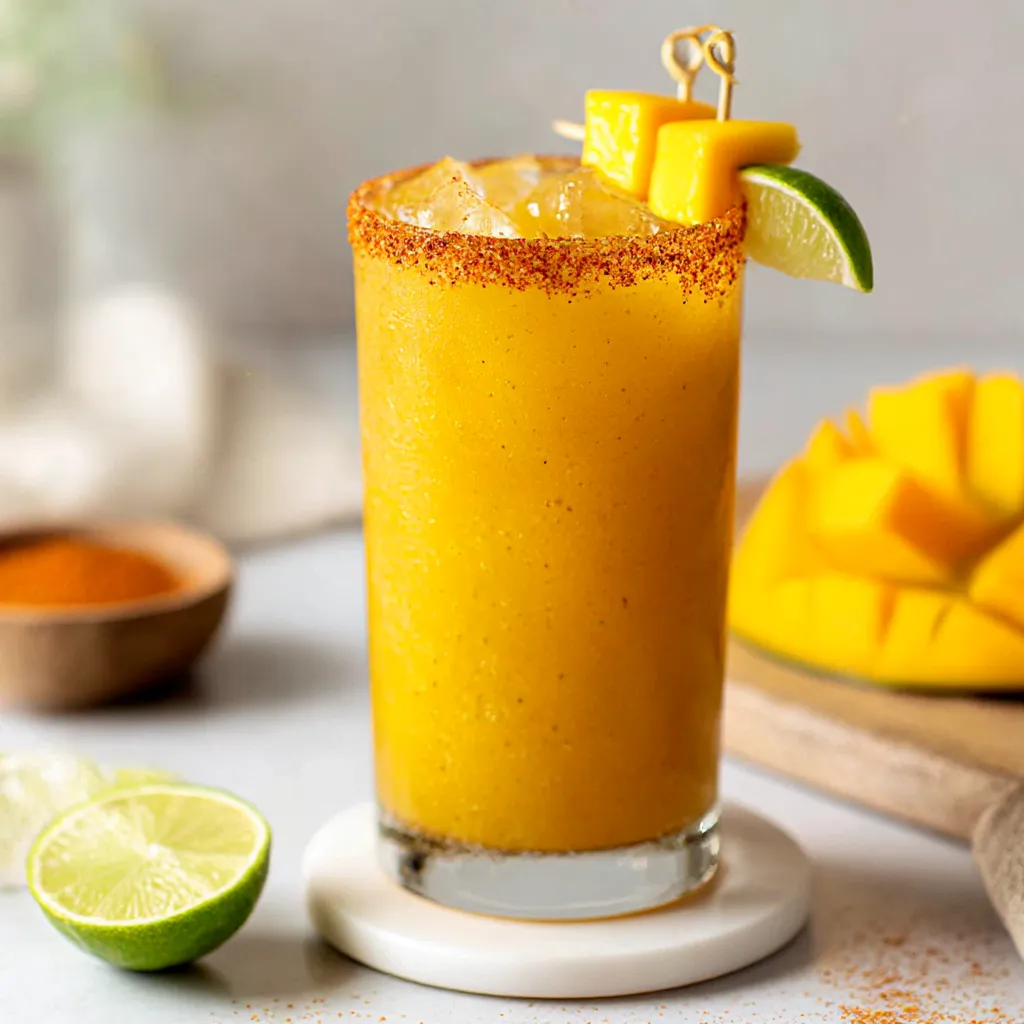 A glass of a hot honey spicy mango margarita.