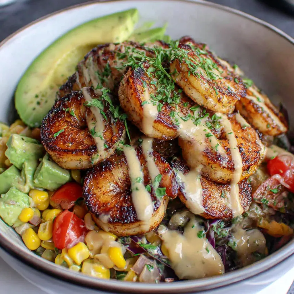 A bowl of food with grilled shrimp, avocado, corn salsa, and creamy garlic sauce.