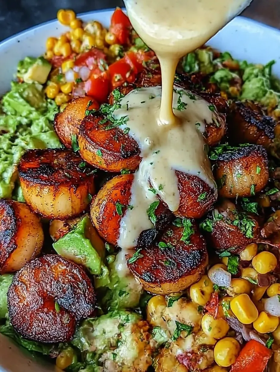 A bowl of food with grilled shrimp, avocado, corn salsa and creamy garlic sauce.