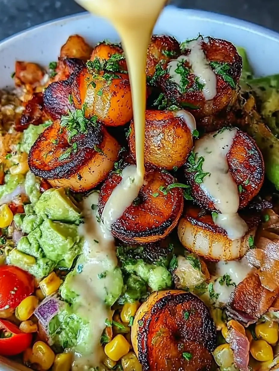 A bowl of food with grilled shrimp, avocado, corn salsa and creamy garlic sauce.