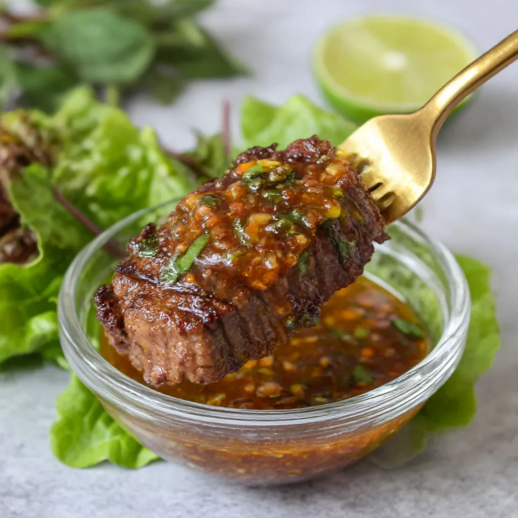 A piece of meat is being dipped into a bowl of sauce.