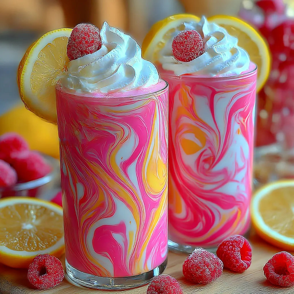 Two glasses of pink lemonade with strawberries on top.