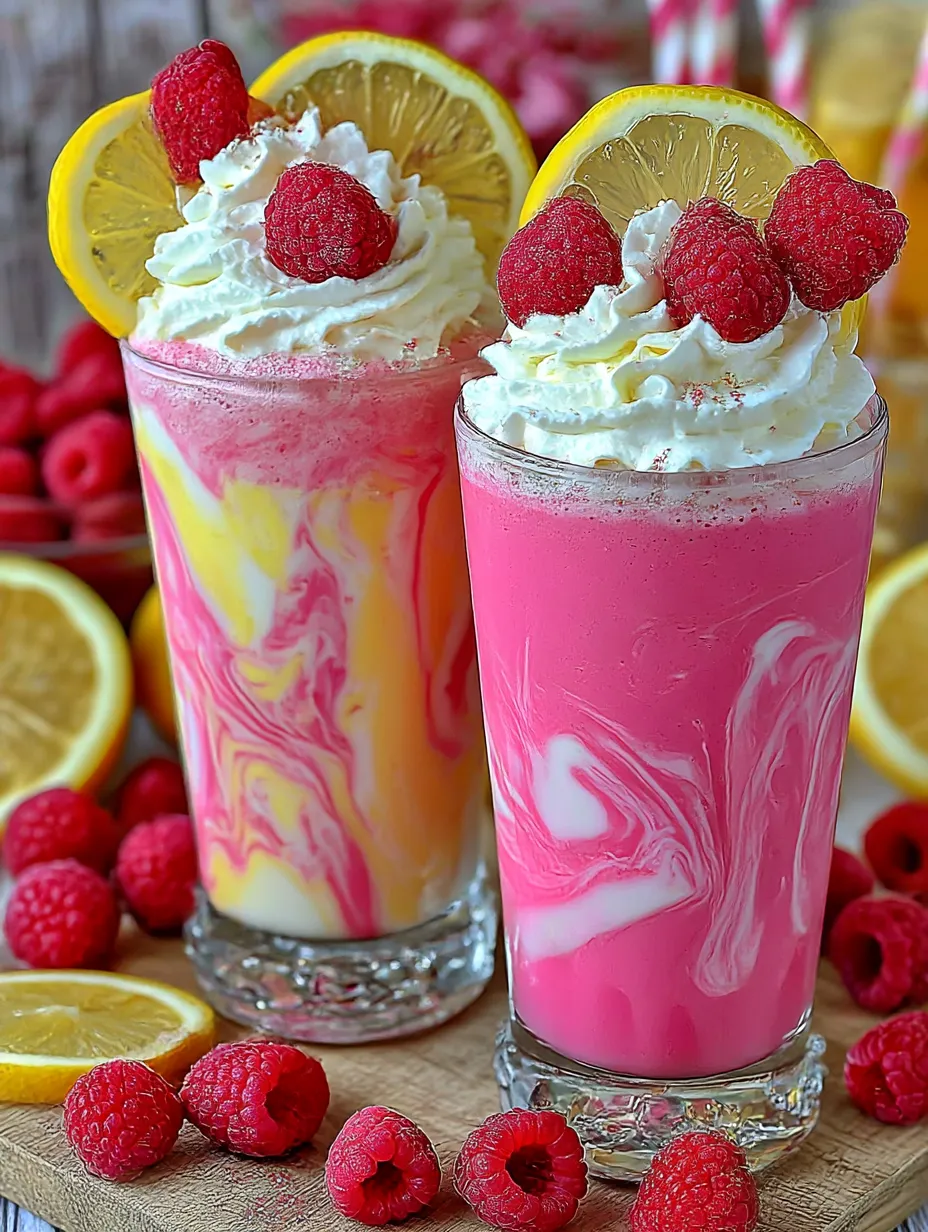 Two glasses of whipped pink lemonade drink.