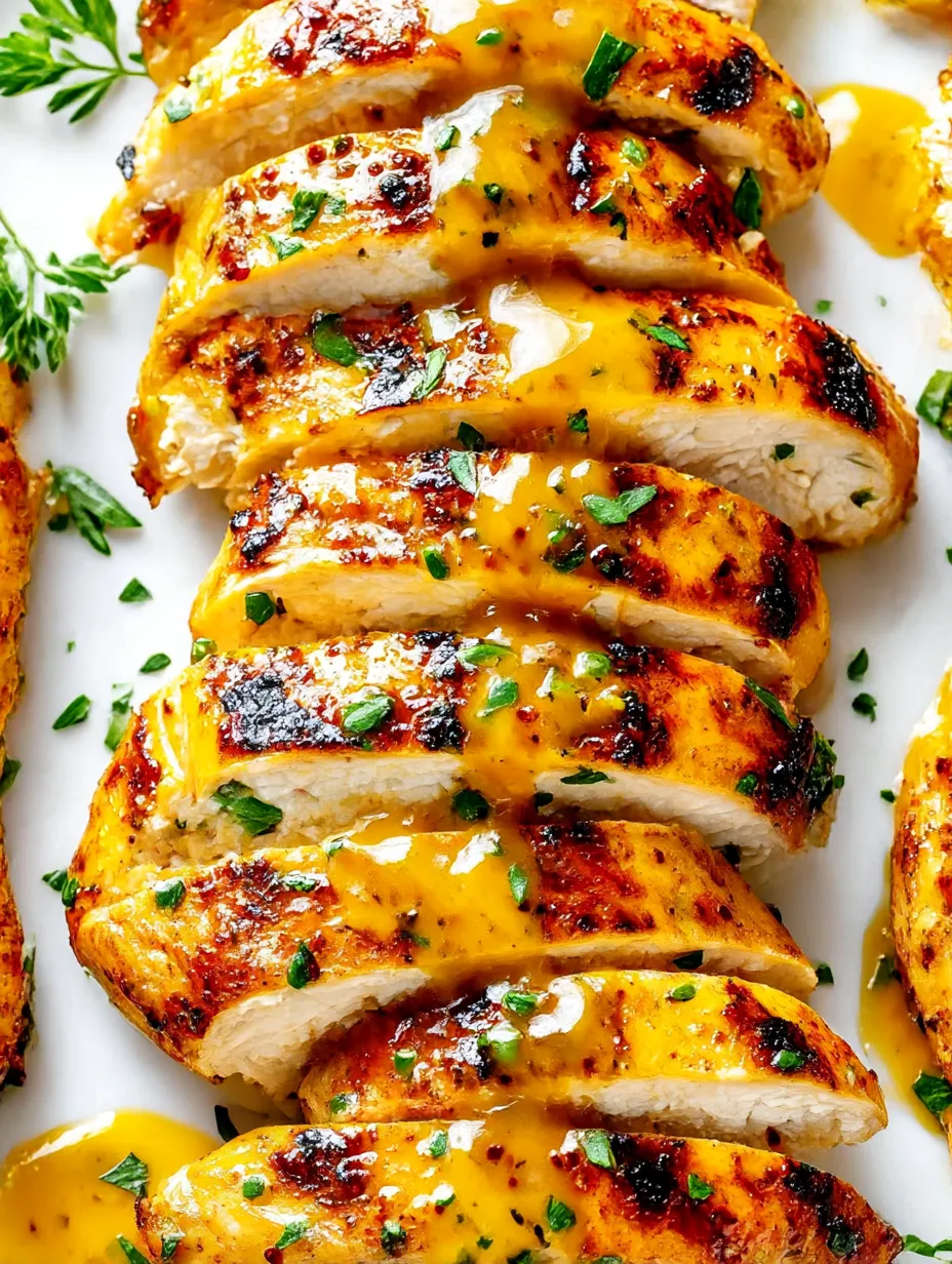 Grilled honey mustard chicken on a white plate.