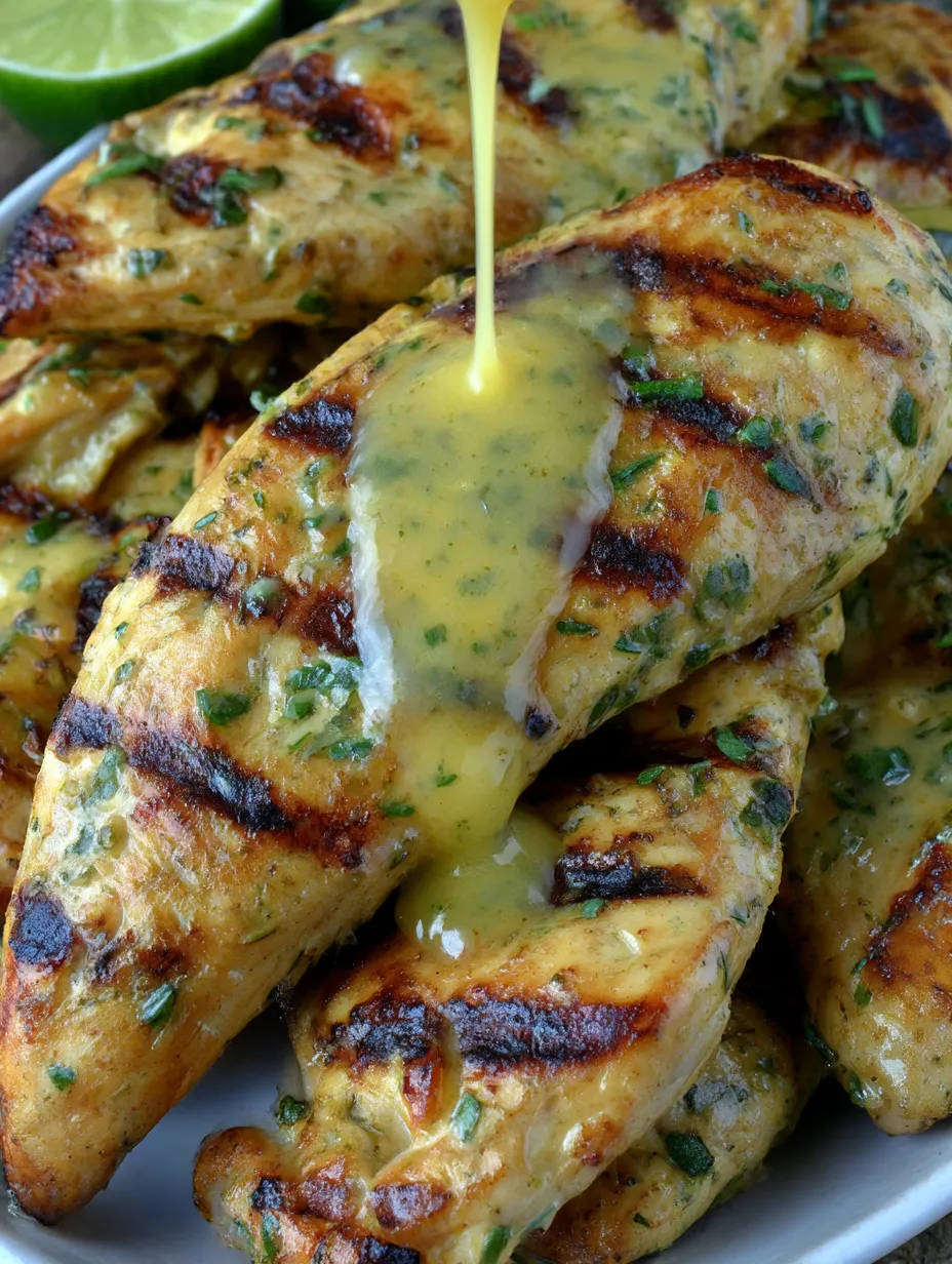 Grilled Tequila Lime Chicken Tenders with sauce drizzled on them.
