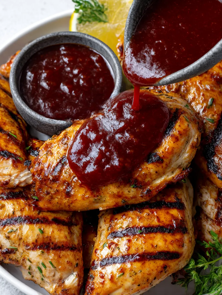 A plate of chicken with sauce drizzled on it.