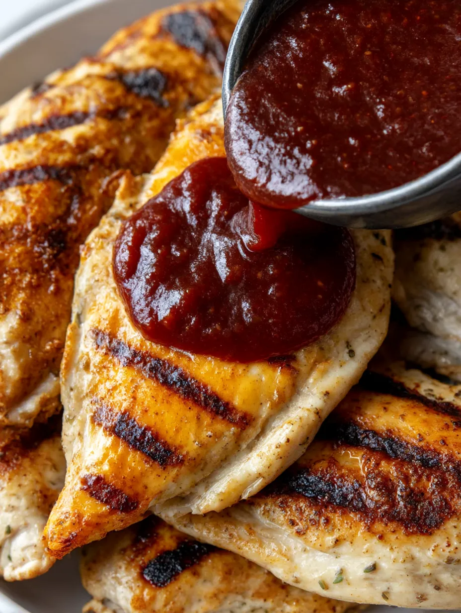 A close up of a BBQ sauce being poured over some chicken.