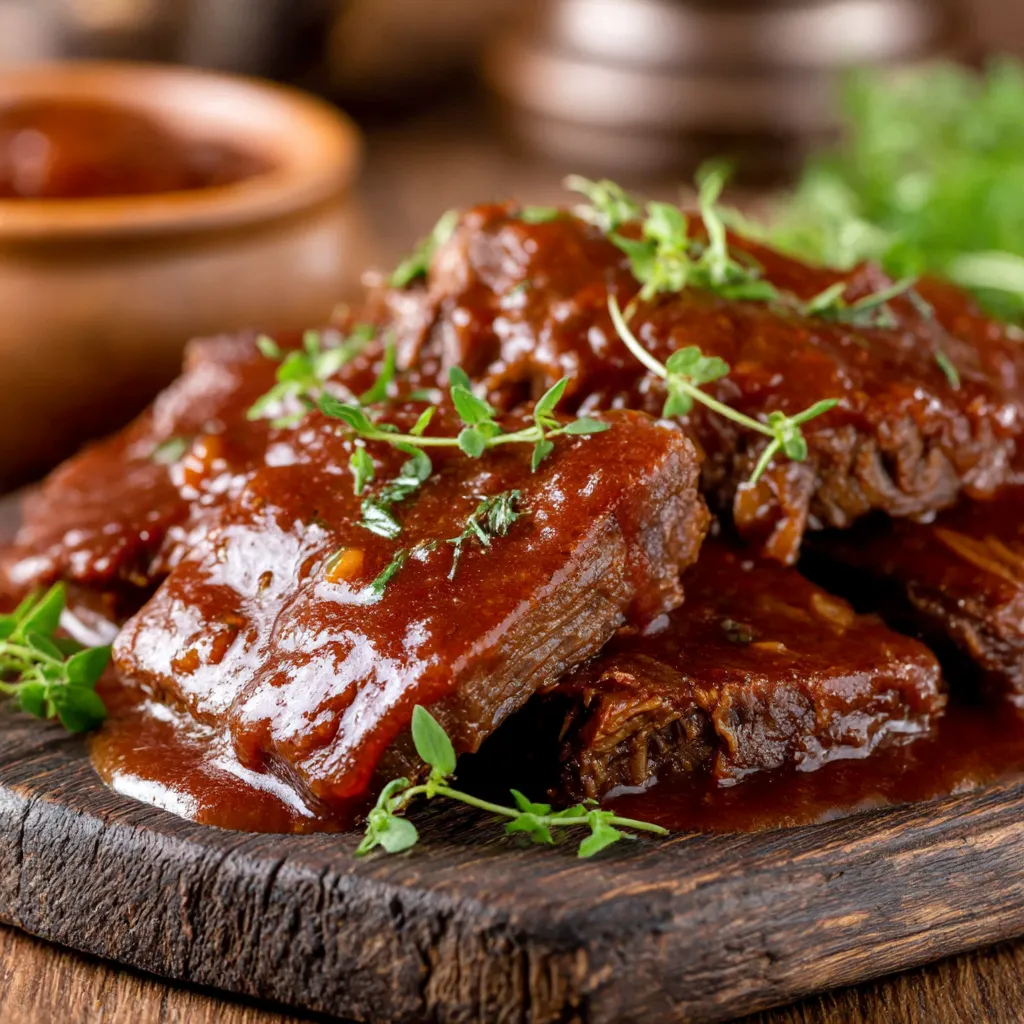 A plate of meat with barbecue sauce.
