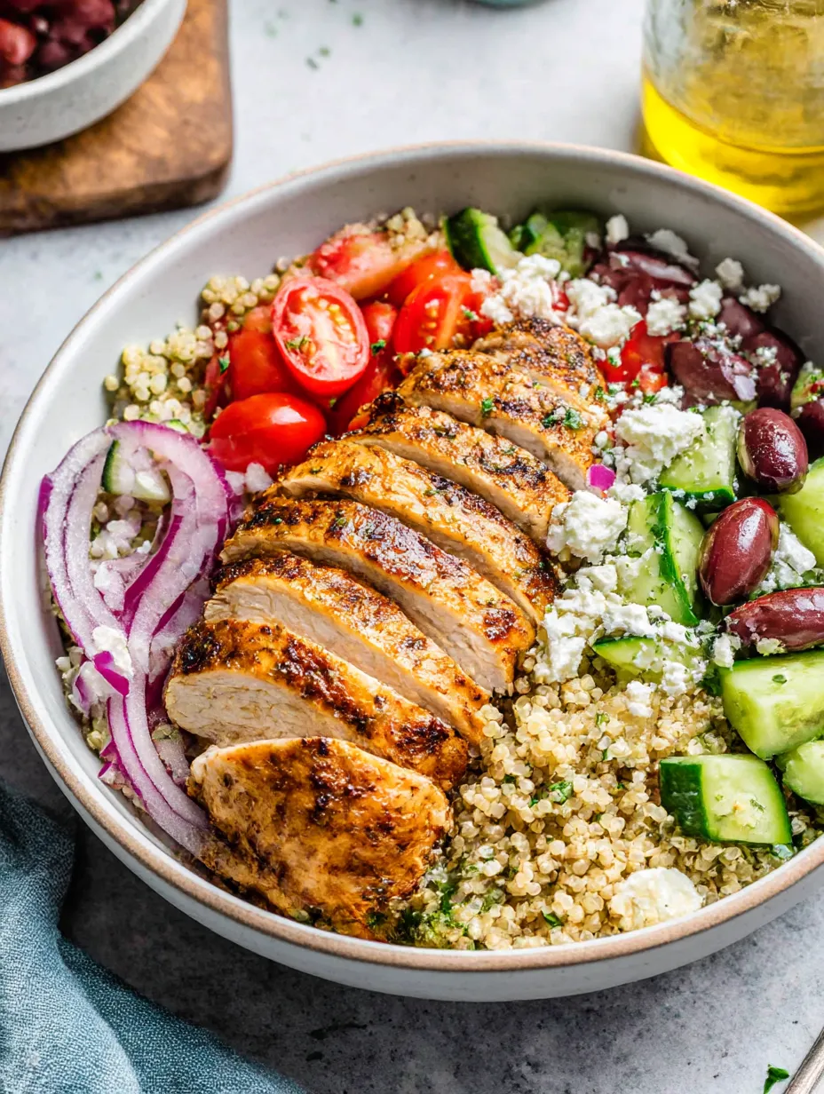 A Greek chicken bowl with rice, tomatoes, cucumbers, and olives.