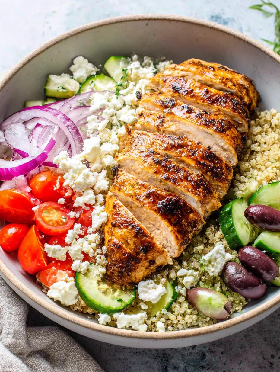 A Greek chicken bowl with vegetables and feta cheese.