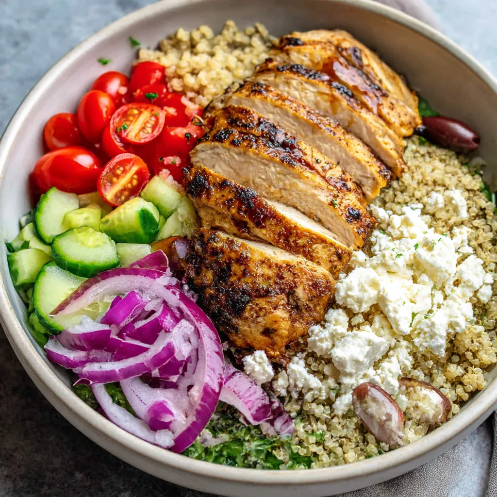 A Greek chicken bowl with rice, tomatoes, onions, cucumbers, and feta cheese.