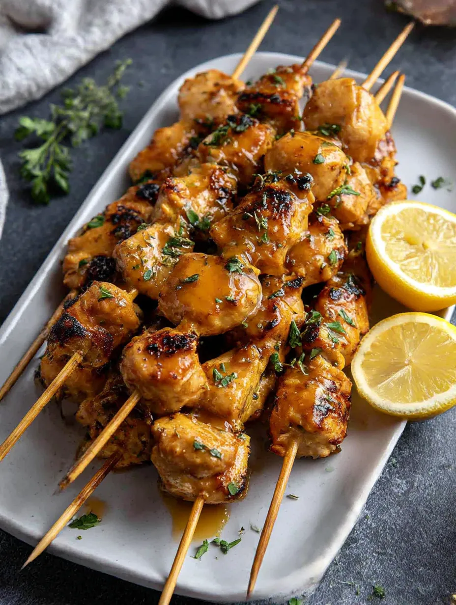 Grilled cowboy butter chicken skewers with lemon wedges.
