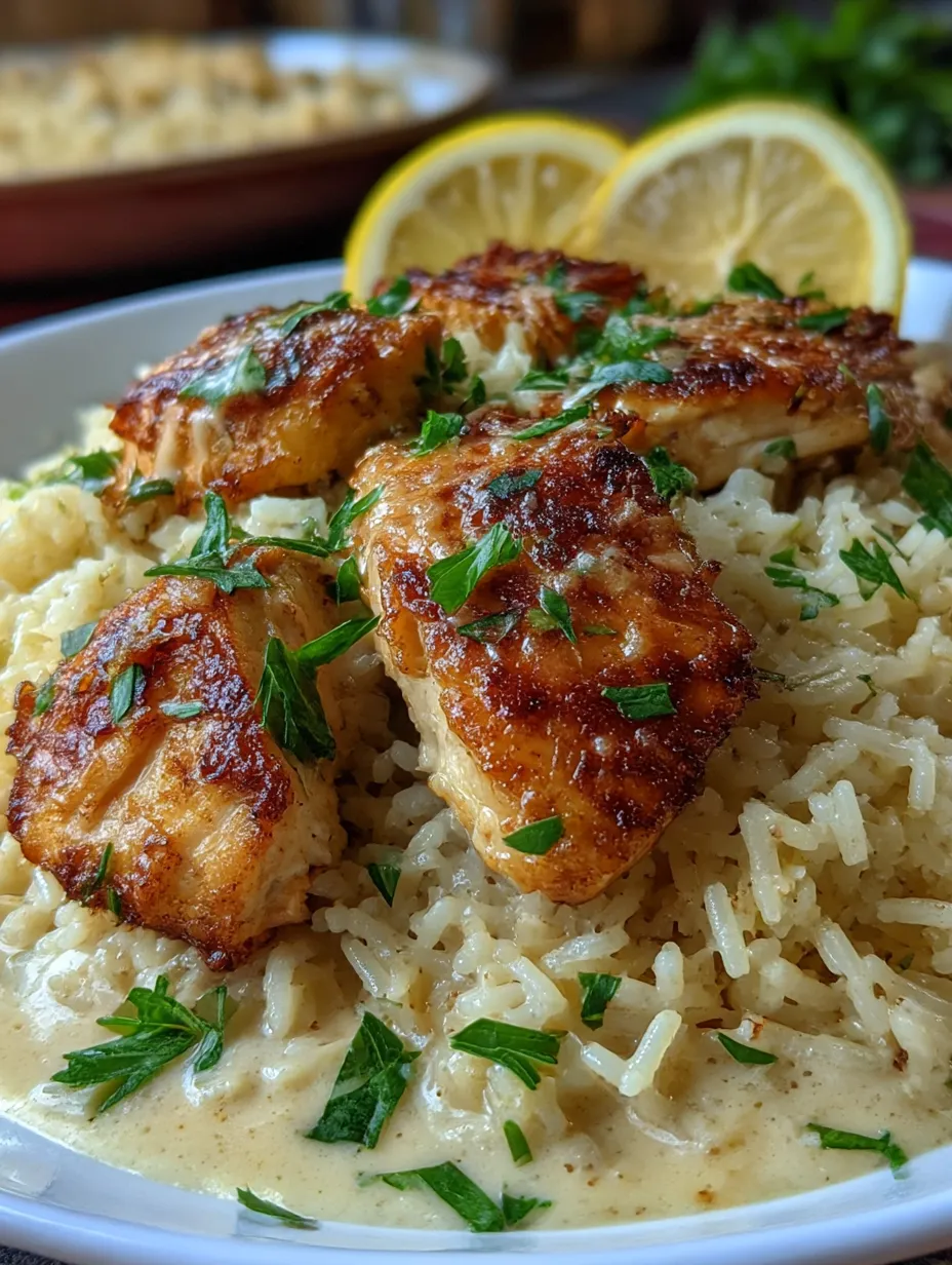 A plate of chicken scampi with garlic parmesan rice.