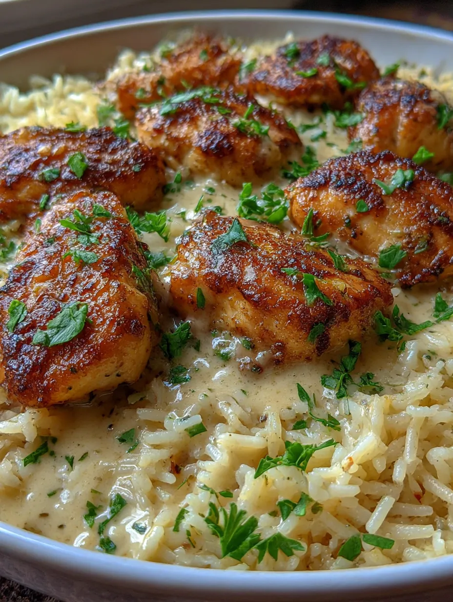 A dish of chicken scampi with garlic parmesan rice.