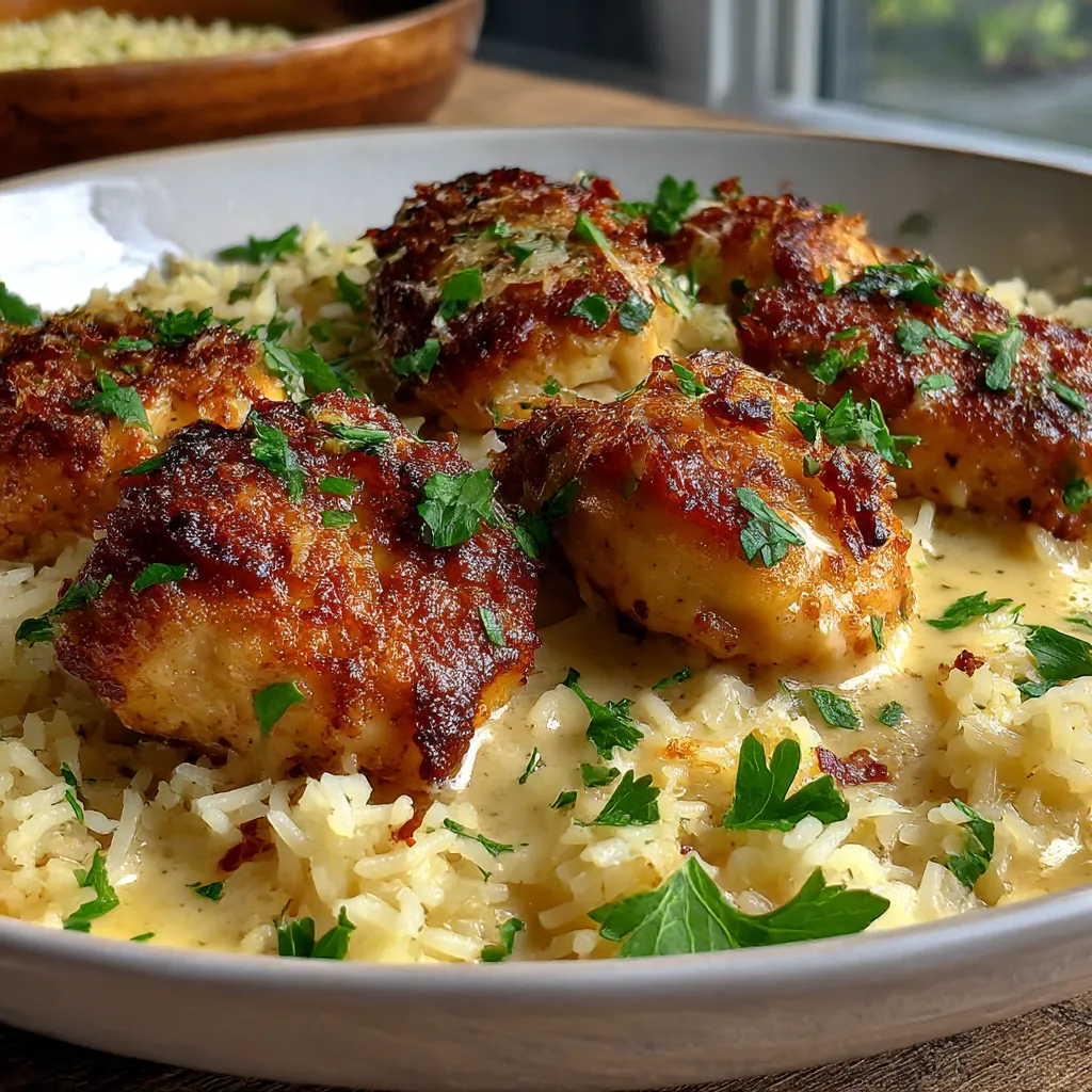 A plate of chicken scampi with garlic parmesan rice.