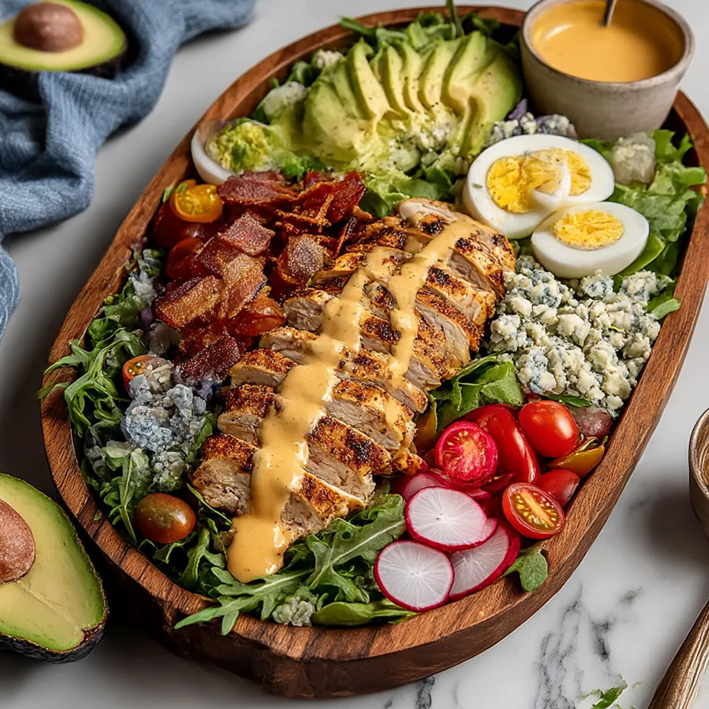 A grilled chicken cobb salad with honey dijon.