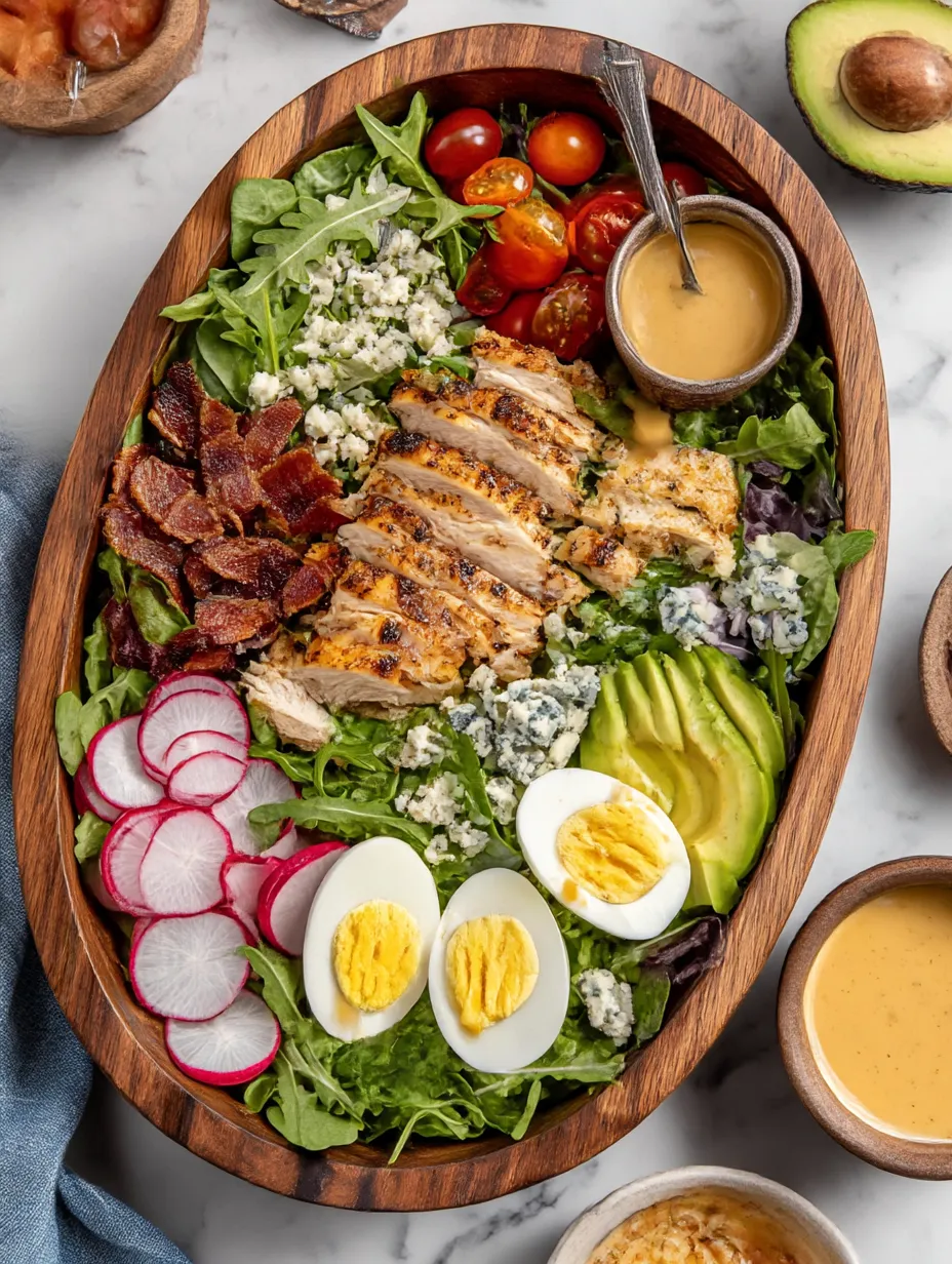 A grilled chicken cobb salad with honey dijon dressing.