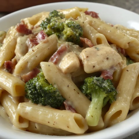 A bowl of pasta with chicken and broccoli.