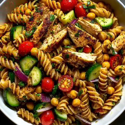 A bowl of pasta salad with chicken, tomatoes, and cucumbers.