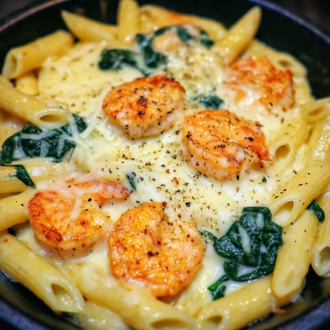 A dish of pasta with cheese, shrimp, and spinach.