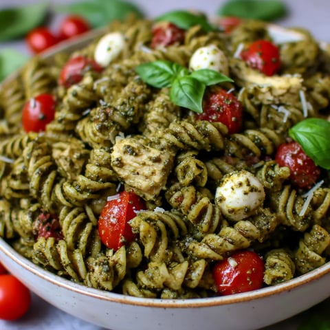A bowl of chicken pesto pasta salad.
