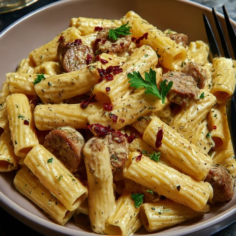A bowl of pasta with sausage and mozzarella cheese.
