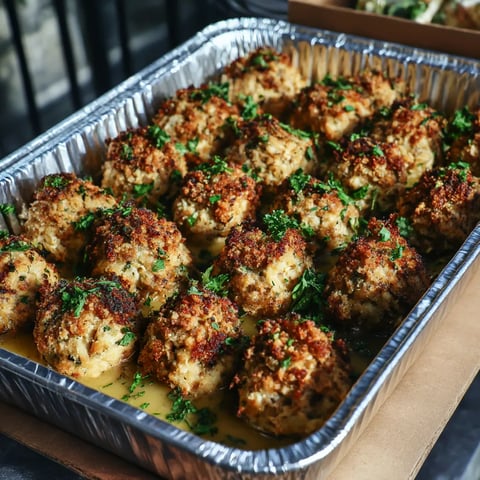 A pan of stuffing balls with green and yellow toppings.