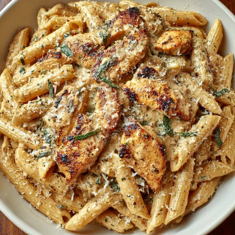 A plate of chicken garlic parmesan pasta.