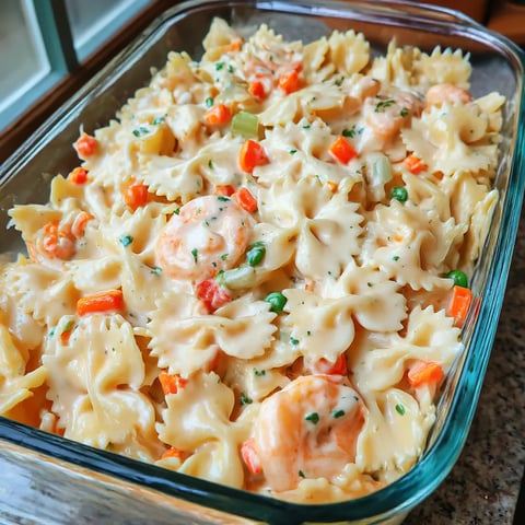 A dish of shrimp pasta salad.