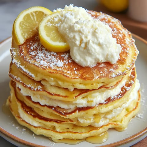 Lemon Ricotta Pancakes with whipped cream on top.