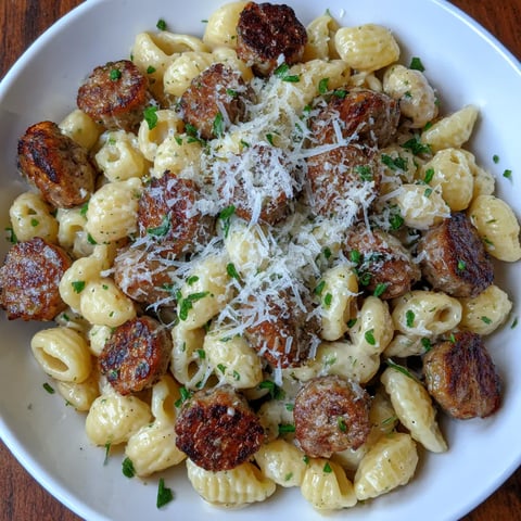 A plate of garlic butter sausage bites with creamy parmesan pasta.