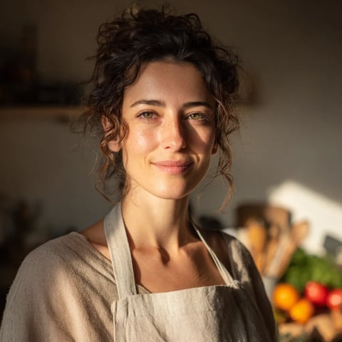 A woman wearing an apron and smiling.