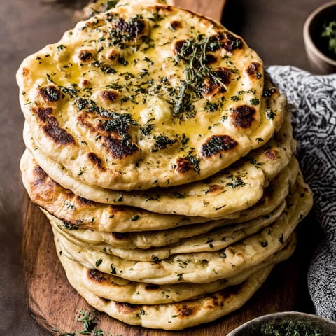 A stack of naan bread with herbed garlic butter.