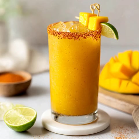 A glass of a hot honey spicy mango margarita.